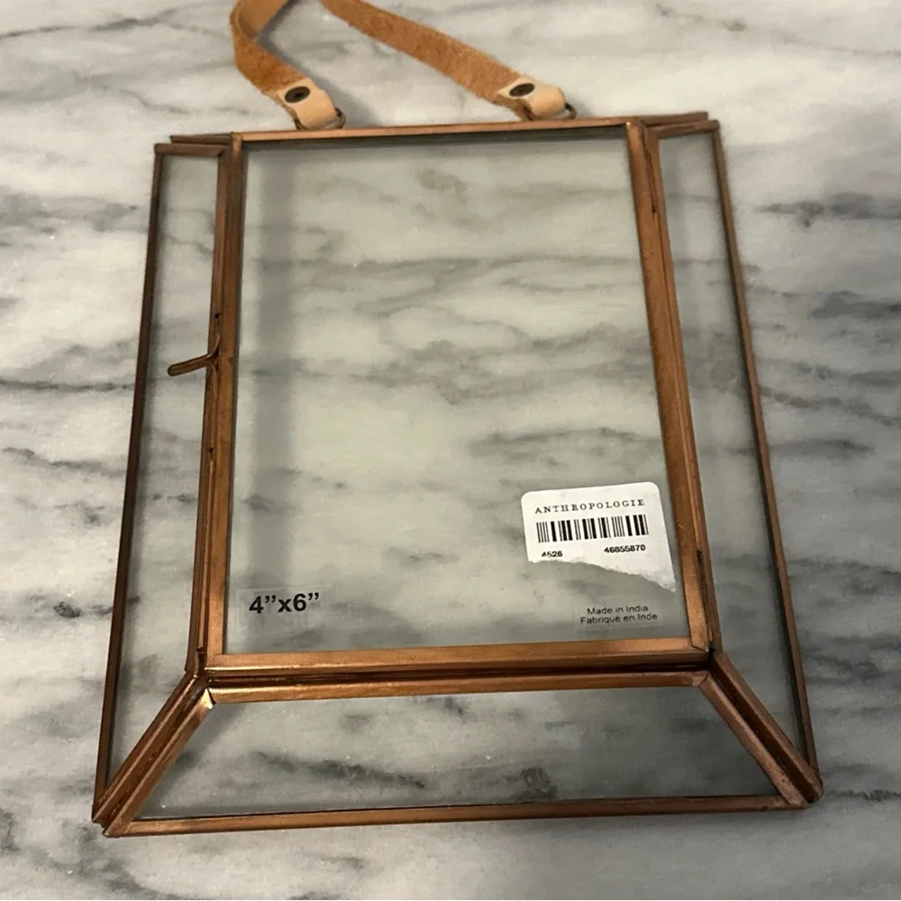 Anthropologie Townsend brass box style picture photo frame with leather string